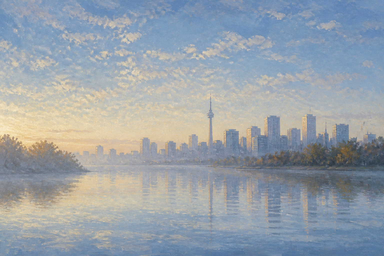 Toronto skyline reflected in water in an impressionist painting