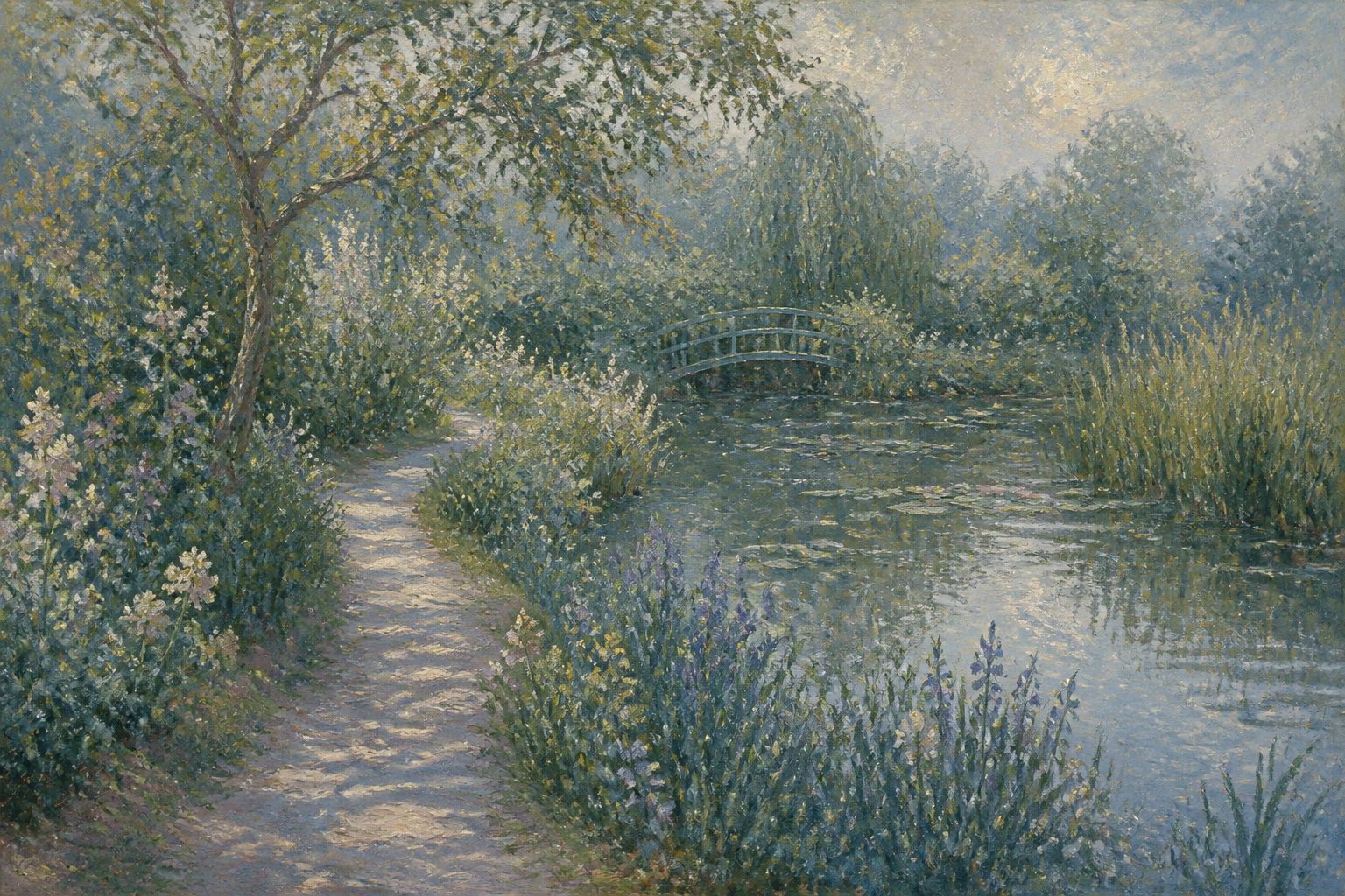A garden path and bridge in an impressionist painting