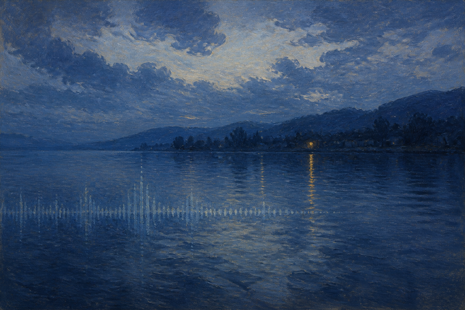 A quiet lake at dusk in an impressionist painting